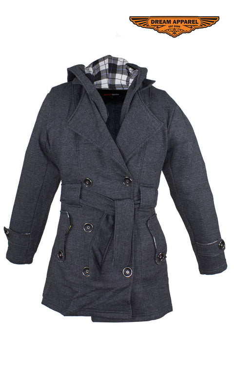 Ladies Dark Grey Button Up Coat W/ Belt and Removable Hood