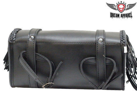 Dream Apparel Leather Motorcycle Tool Bag with Braid, Fringes, and Concho