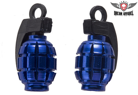 Two Metallic Blue Grenades Tire Valve Stem Caps